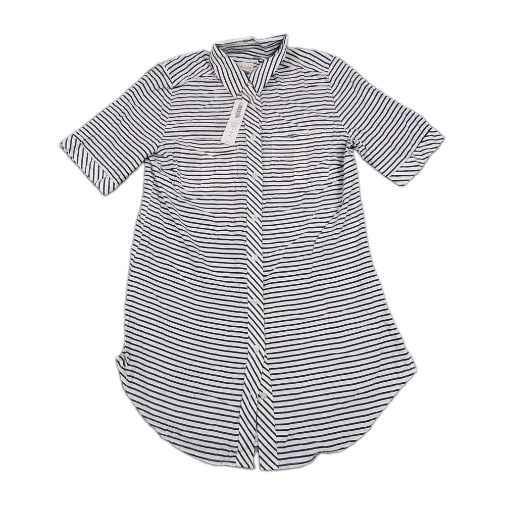 Chico's Silky Soft Slim Stripe Long Shirt Tonga Navy White Size 0 New $89.50